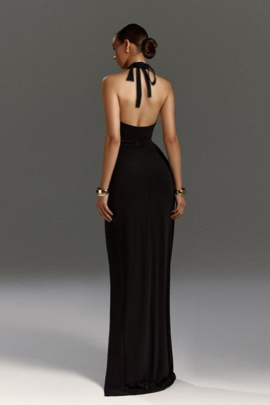 Halter Backless Tie High-Slit Ruched Formal Dress