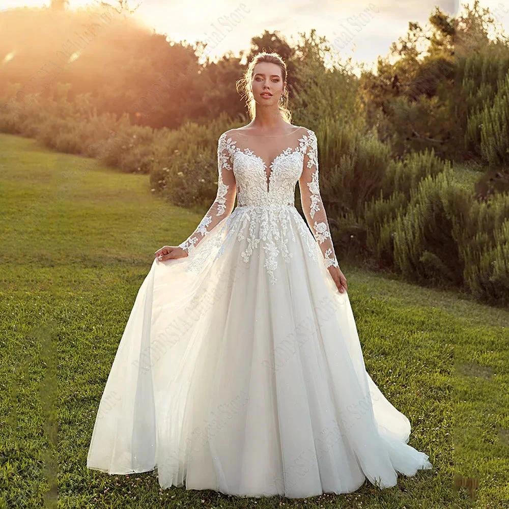 Pastrol Wedding Dresses For Woman Long Sleeves Illusion Back Scoop Bride Gowns Applique A-Line Tulle vestidos de novia (ZD13331)