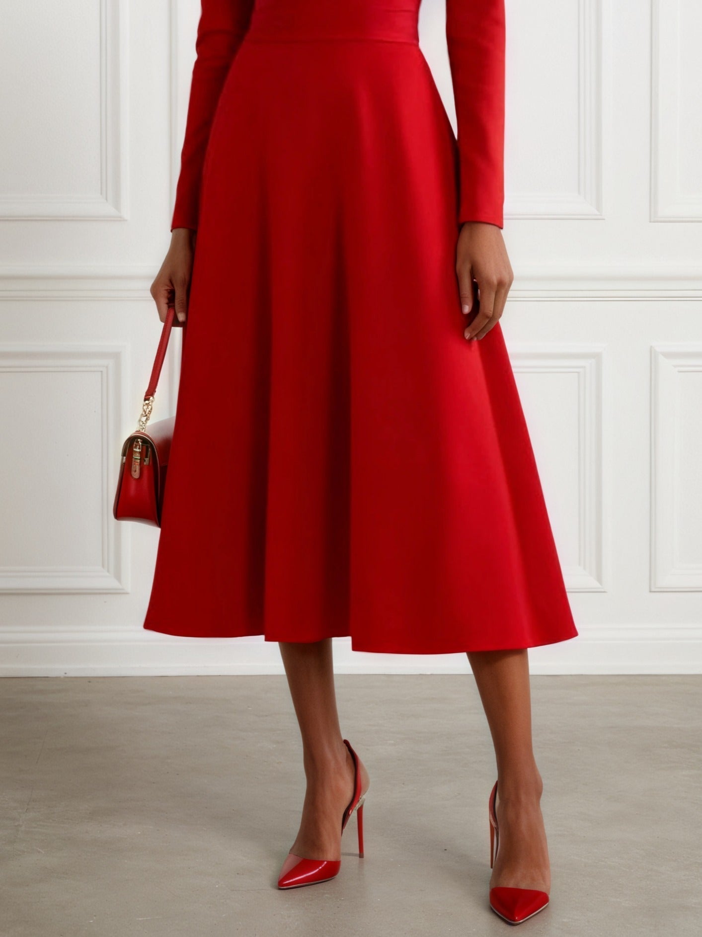 Red Classic Asymmetrical Long Sleeve A-Line Midi Dress - View 2 | FashionDia