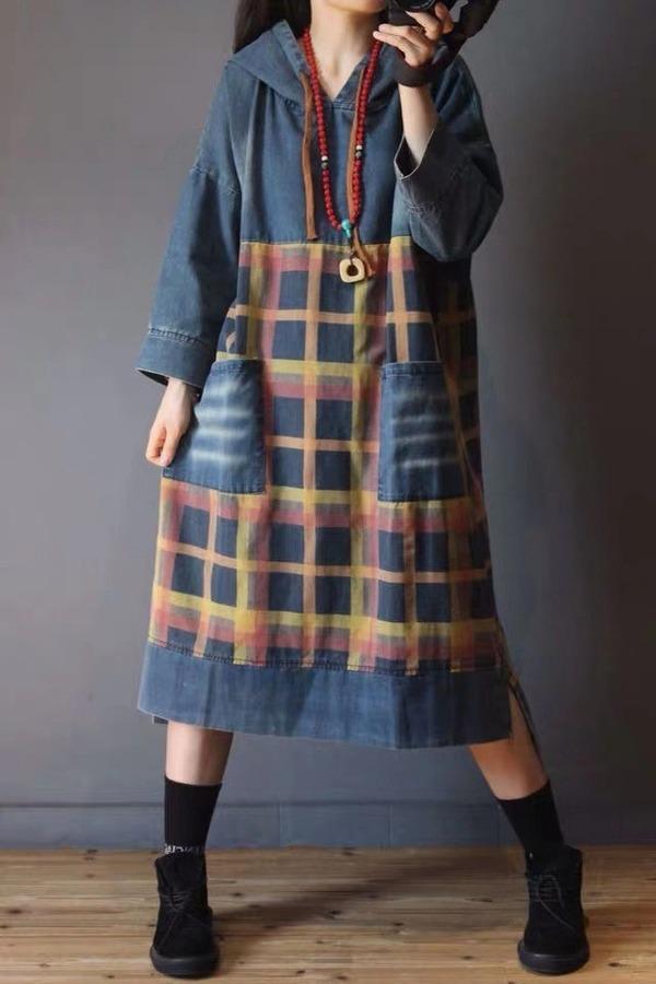 Vintage Spliced Hooded Dresses Female Spring Irregular Length Dress