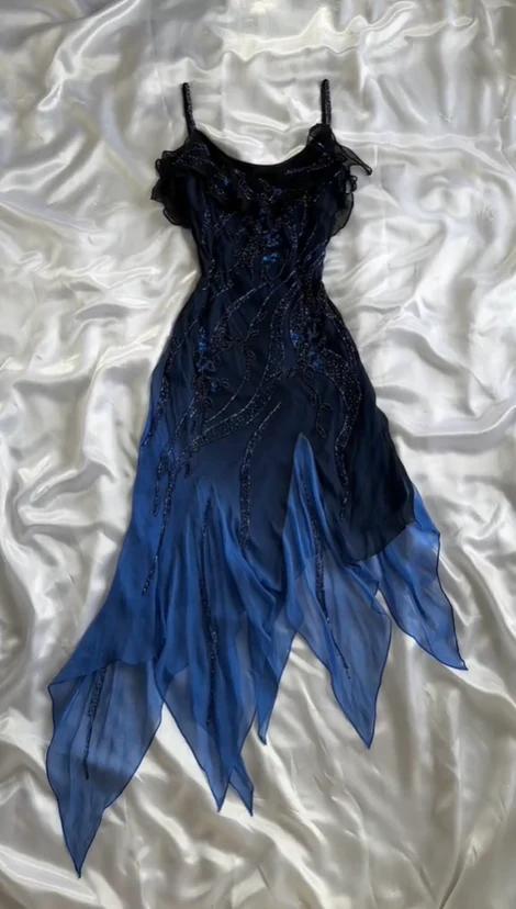 Charmong Navy Blue Chiffon Beaded Long Prom Dress Formal Party Dress