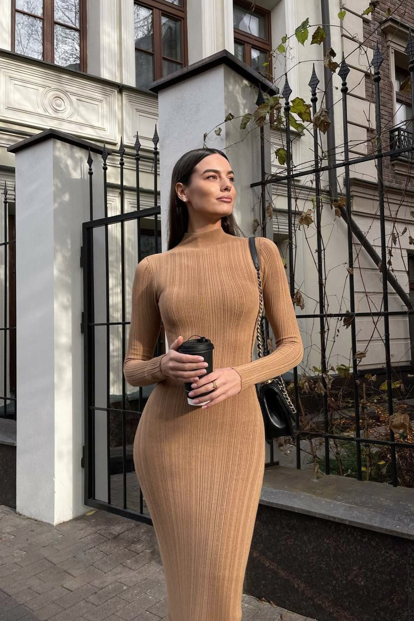Turtleneck Striped Knit Slim-Fit Long Sleeve Sweater Dress - View 2 | VelvetHem