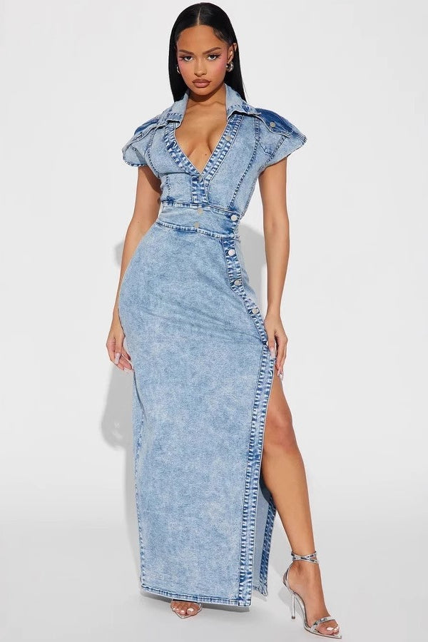 Slim Fit Split Denim Dress - VelvetHem