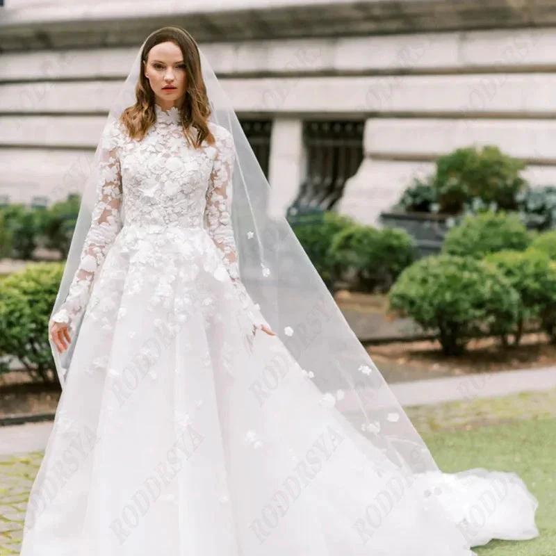 Princess Long Sleeve Wedding Dress For Women Romantic Lace High Neck Bride Party Gorgeous Applique Boho Bridal Gown (ZD13427)