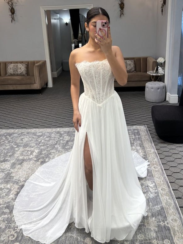 Strapless Lace Corset High Slit A-Line Wedding Dress