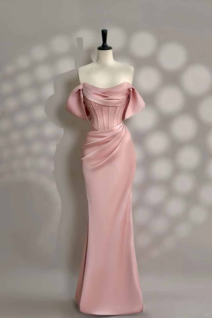 Elegant Pink Off The Shoulder Pearls Beading Party Evening Gown Mermaid Prom Dress