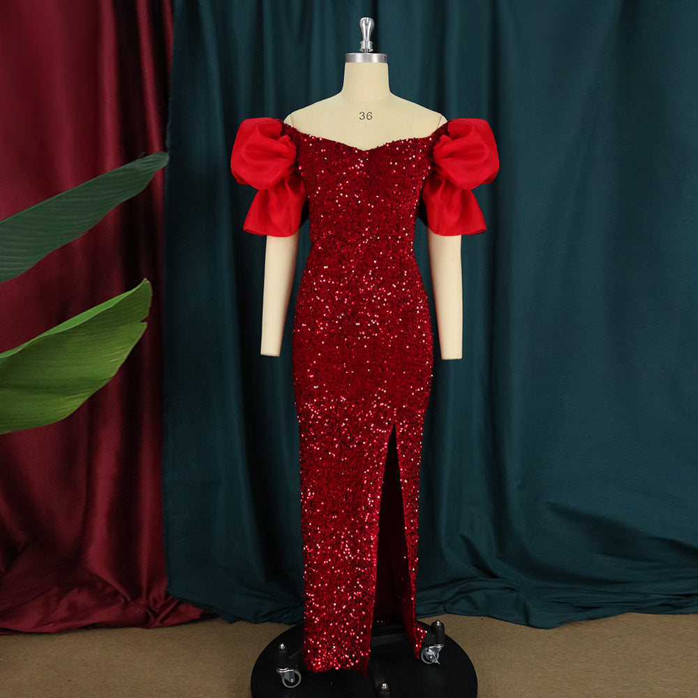 Sexy Ruffles V-neck Elegant Sequ High-End Maxi Dress Ladies Banquet Evening Dress Women Party Dre - View 3 | VelvetHem