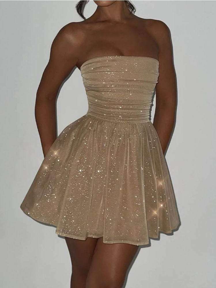 TARUXY Shiny Sequins Evening Dress Women Off Shoulder Slim Ruffle Mini Dresses Lady Party Bow Bandage Sexy Backless Dress Woman - View 2 | VelvetHem