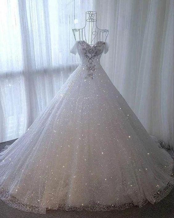 Off The Shoulder White Wedding Dress Shiny Evening Dress (ZD13580)
