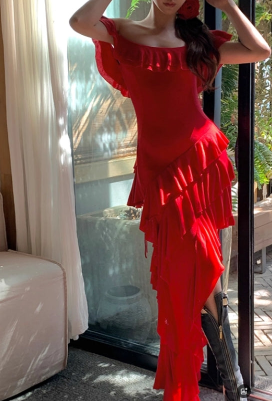 Off The Shoulder Red Long Prom Dress Ruffle Evening Dress J8609