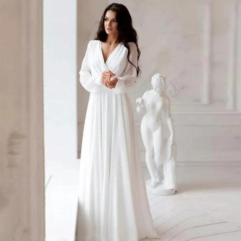 A Line Chiffon Wedding Dresses White Dresses Womens vestidos boda playa vestidos de boda Elopment Full Sleeve Simple by payinti