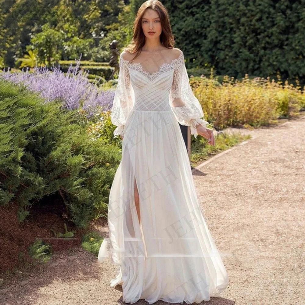 Wedding Dresses Boho Beach Lace Long Sleeves Split Vestidos De Novia Elegant Bohemian Bridal Gown Chiffon Illusion O Neck (ZD13324) - VelvetHem