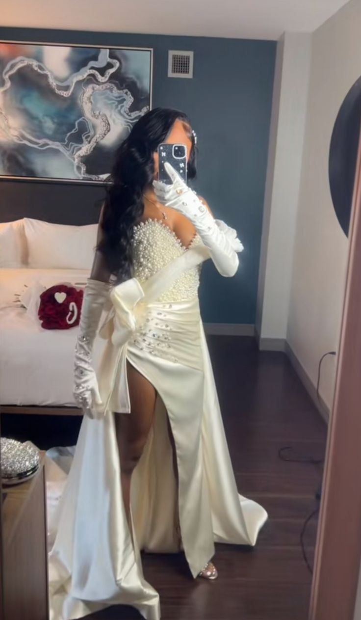 Sweetheart Beige Beaded Prom Dress With Slit Satin Evening Dress