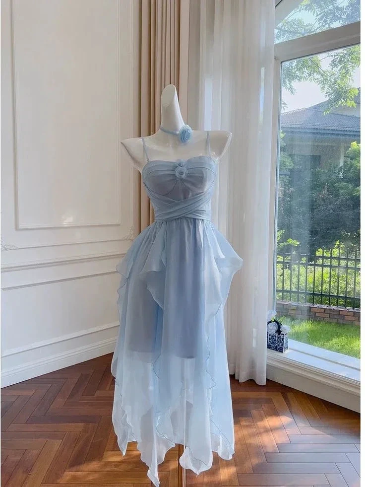 Elegant Spaghetti Straps Blue Chiffon Homecoming Dress Birthday Dress (ZD11369)