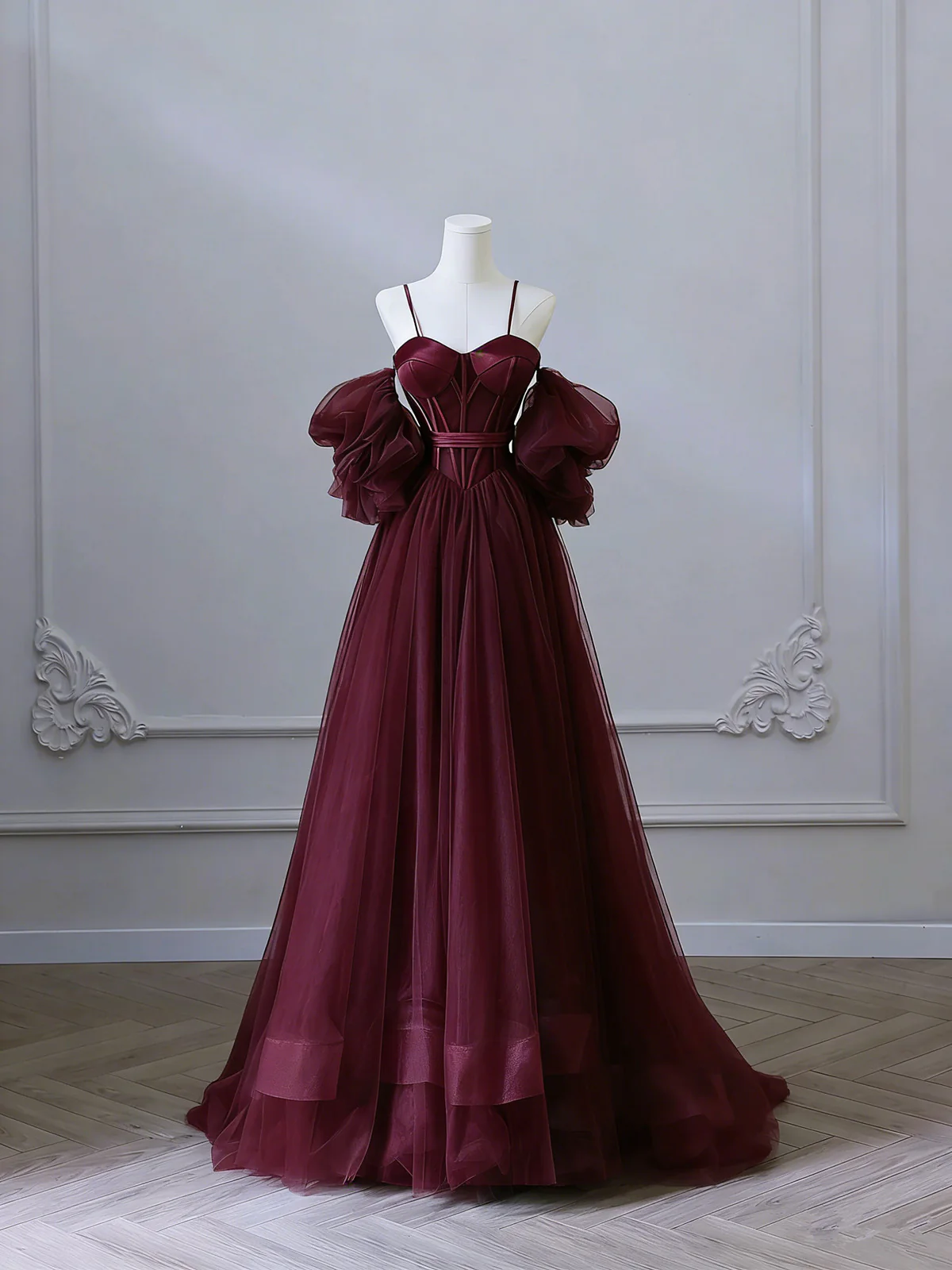 Wine Red Satin and Tulle Vintage Style Prom Dress, Sweetheart Long Party Dress - FashionDia