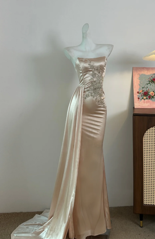 Champagne Long Prom Dress Applique Satin Evening Dress