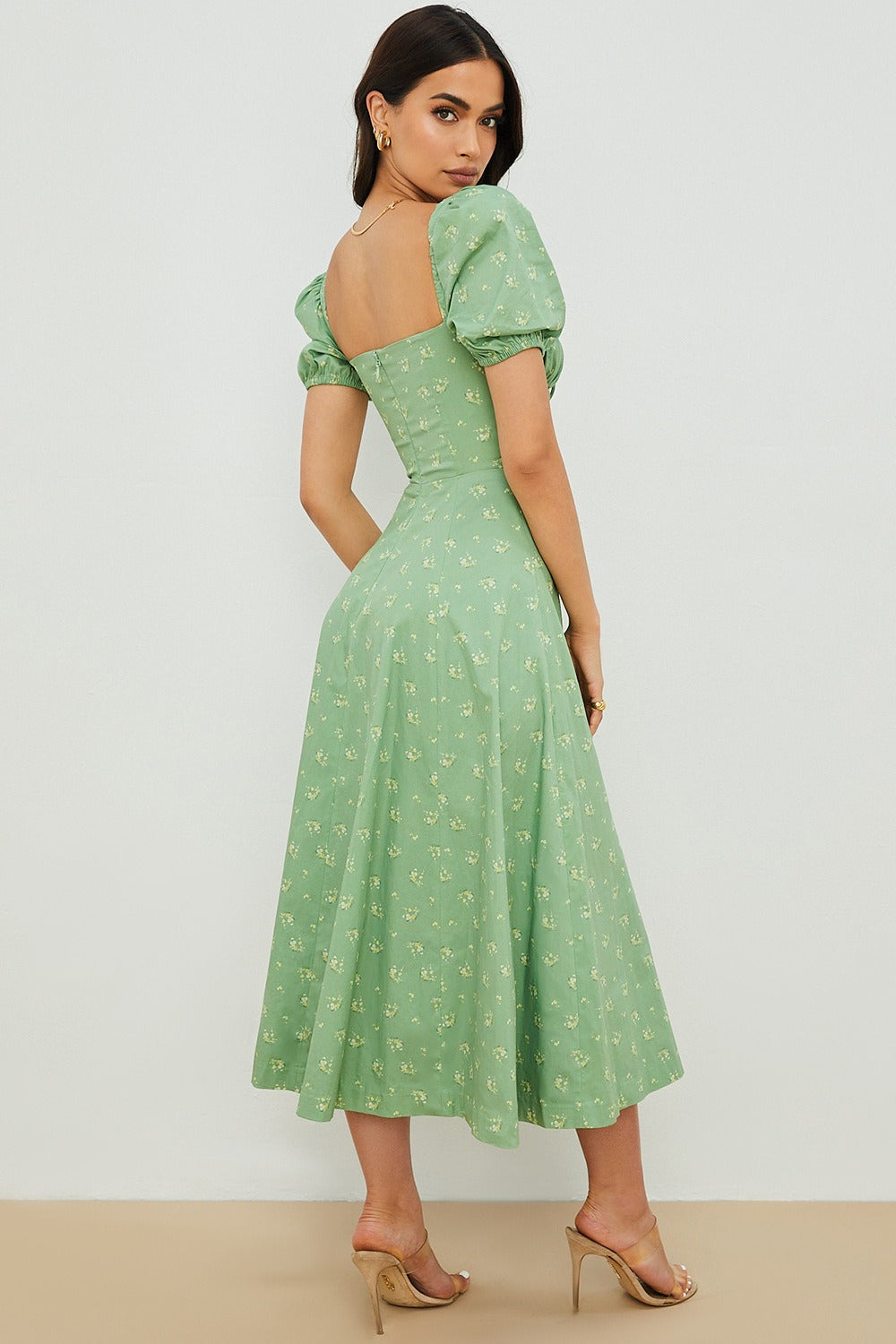 Puff Sleeve Wrap Slit Maxi Flower Dress
