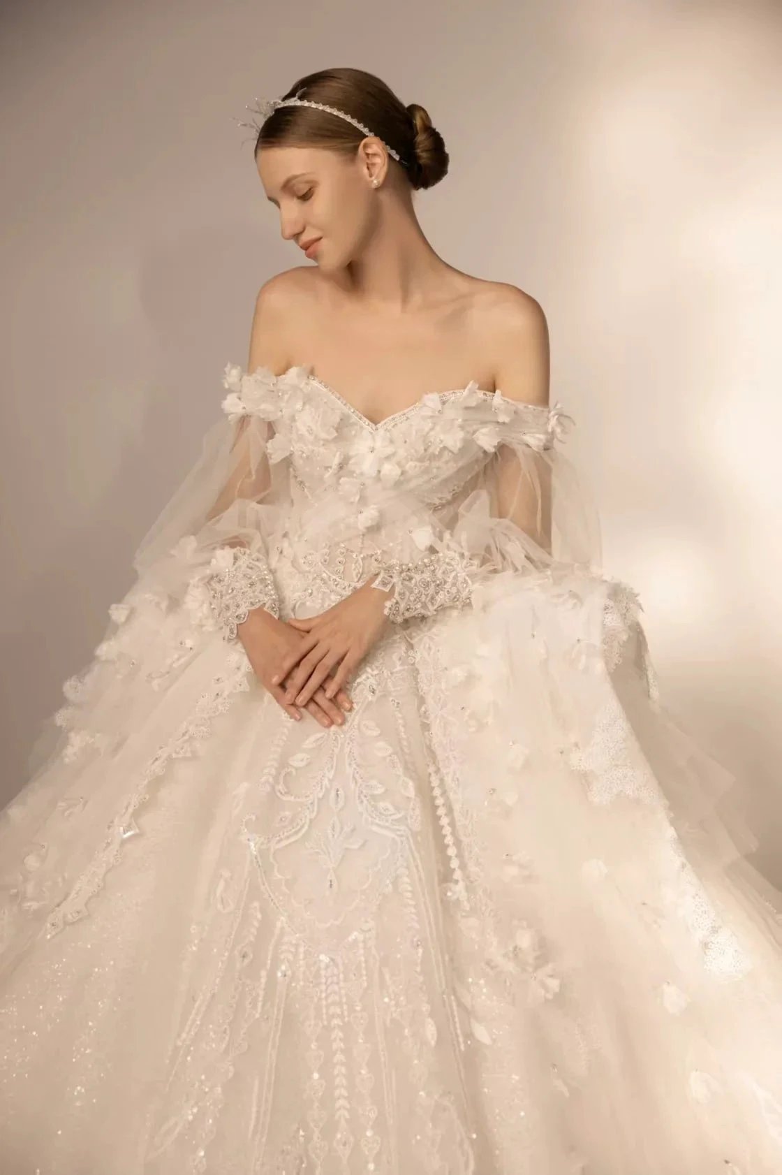Gorgeous Long Ball Gown Off-the-Shoulder Tulle Wedding Dress with 3D Floral & Crystal Embroidery & Cathedral Train H009 by ZAPDRESS