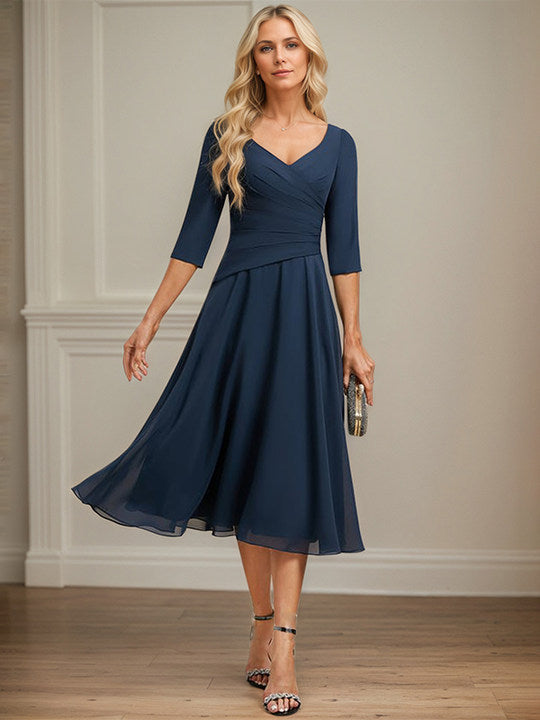 A-line V-Neck Tea-Length Chiffon Mother of the Bride Dress With Pleated - View 4 | FashionDia