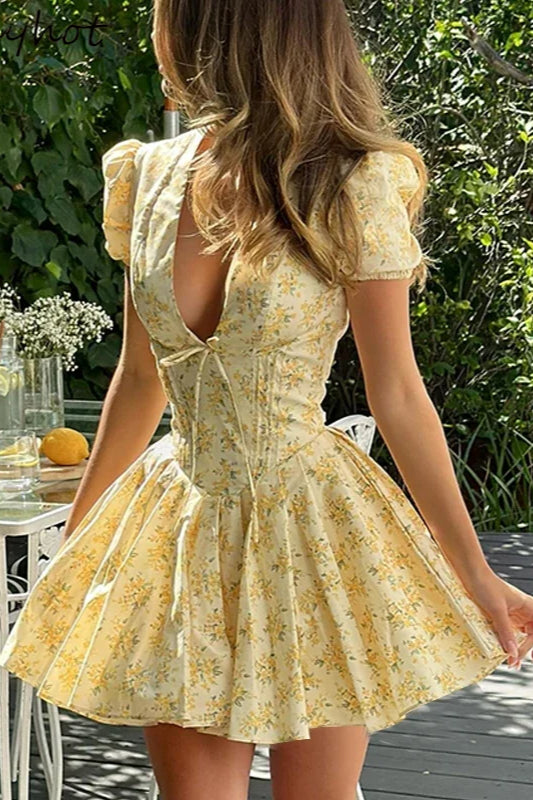 Ruffled V-Neck Floral Dress - FashionDia