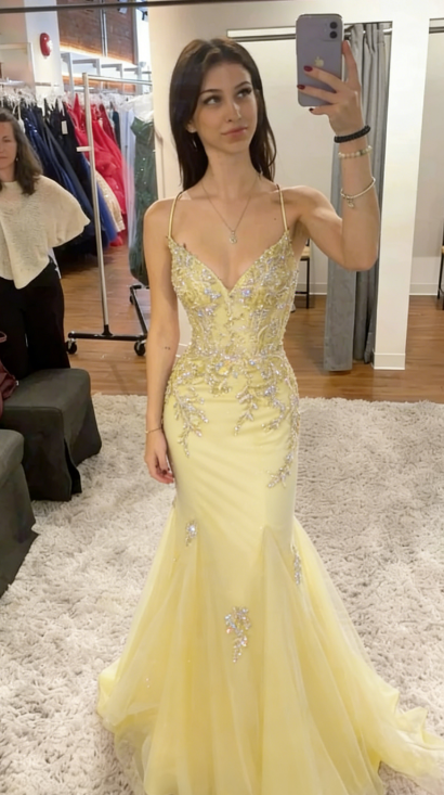 Elegant Mermaid Spaghetti Straps Tulle Sequin Long Prom Dress, Evening Dress - View 4 | FashionDia