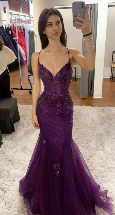 Elegant Mermaid Spaghetti Straps Tulle Sequin Long Prom Dress, Evening Dress - View 5 | FashionDia