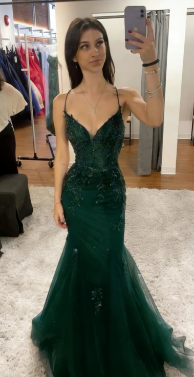 Elegant Mermaid Spaghetti Straps Tulle Sequin Long Prom Dress, Evening Dress - View 6 | FashionDia