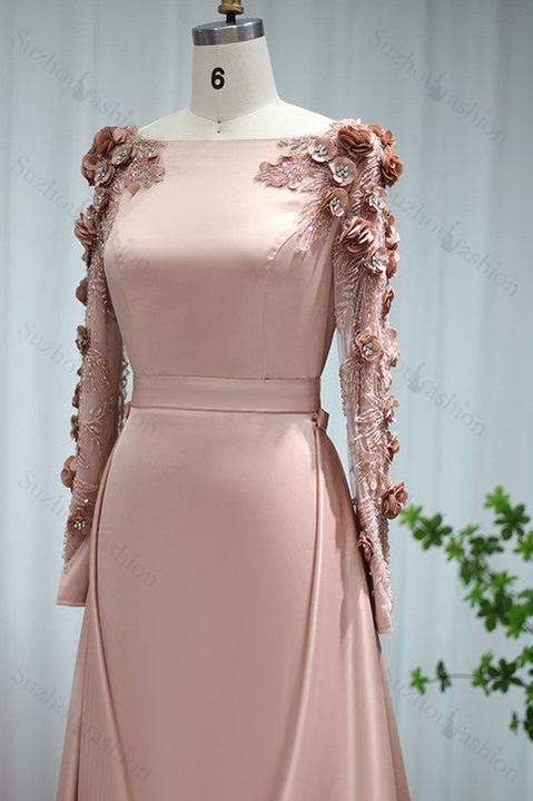 A Line Bateau Evening Formal Dress Long Sleeves Sweep With Flower Appliques