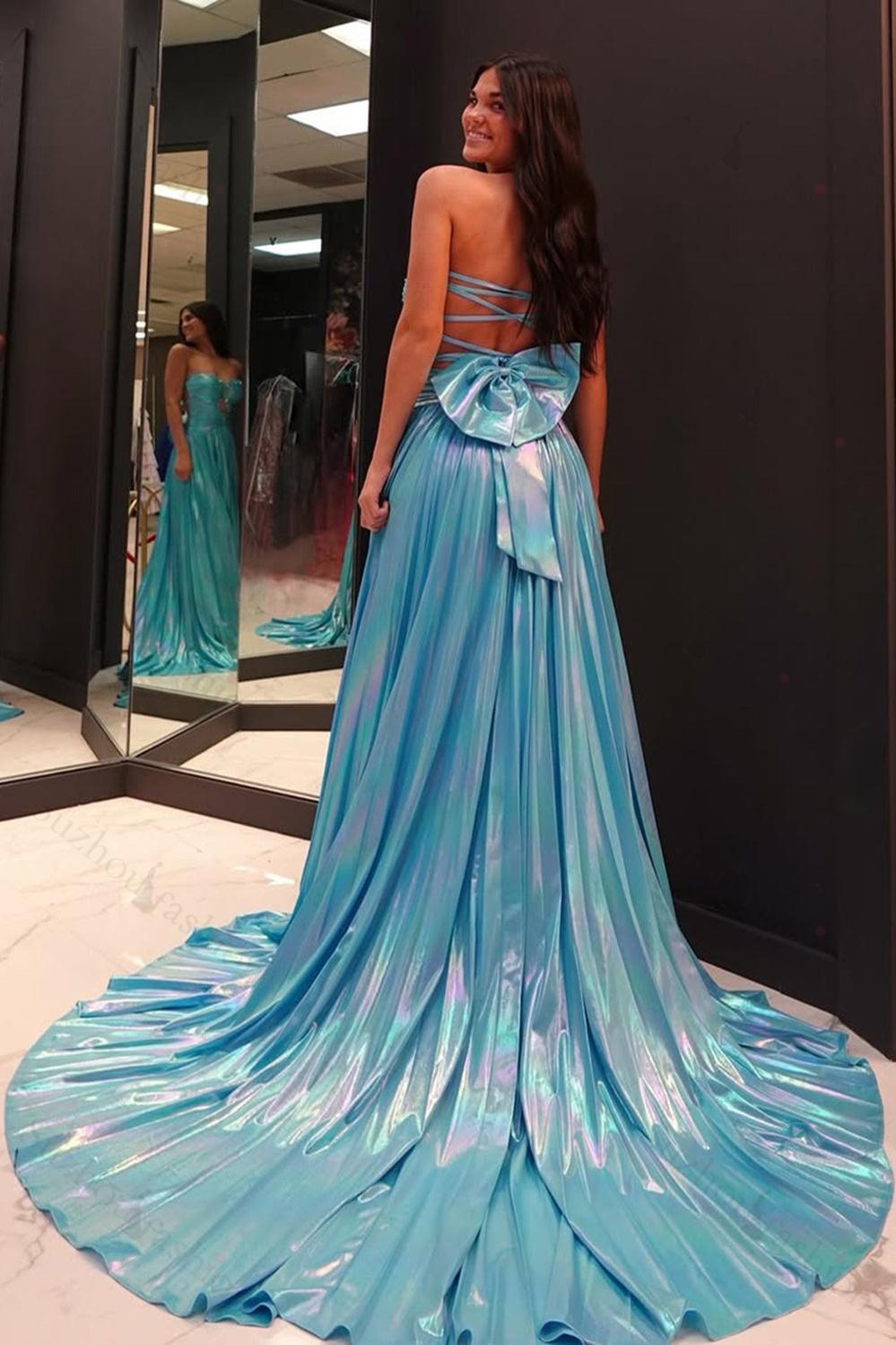 A Line Blue Prom Dress Metallic Formal Dress With Slit