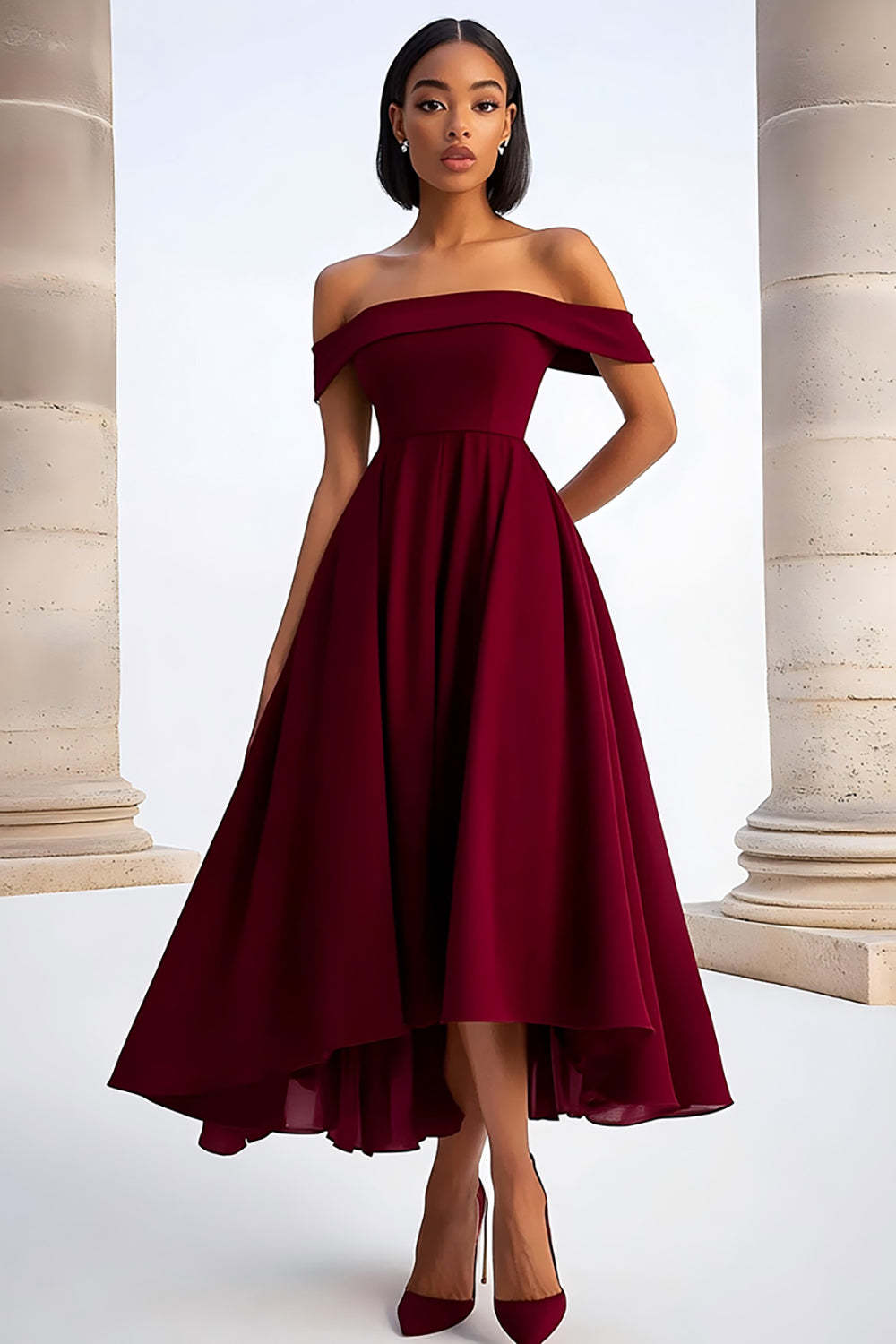 A Line Burgundy Wedding Guest Dress Ruched Tea-Length Formal Dress