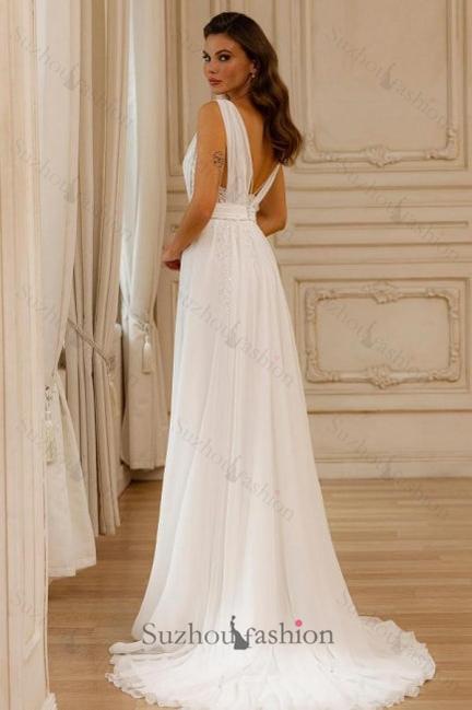A Line Chiffon Lace V Neck Sleeveless White Wedding Dress Bridal Gown With Openback