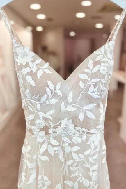 A-Line Floor-Length Sleeveless Spaghetti Straps V-Neck Split Front Wedding Dresses with Appliques (ZD15750)