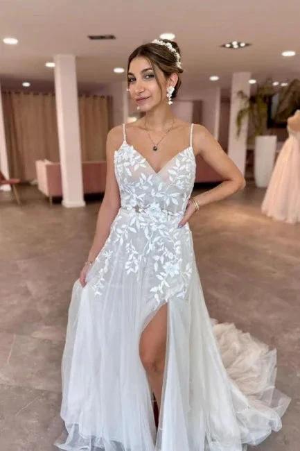 A-Line Floor-Length Sleeveless Spaghetti Straps V-Neck Split Front Wedding Dresses with Appliques (ZD15750)
