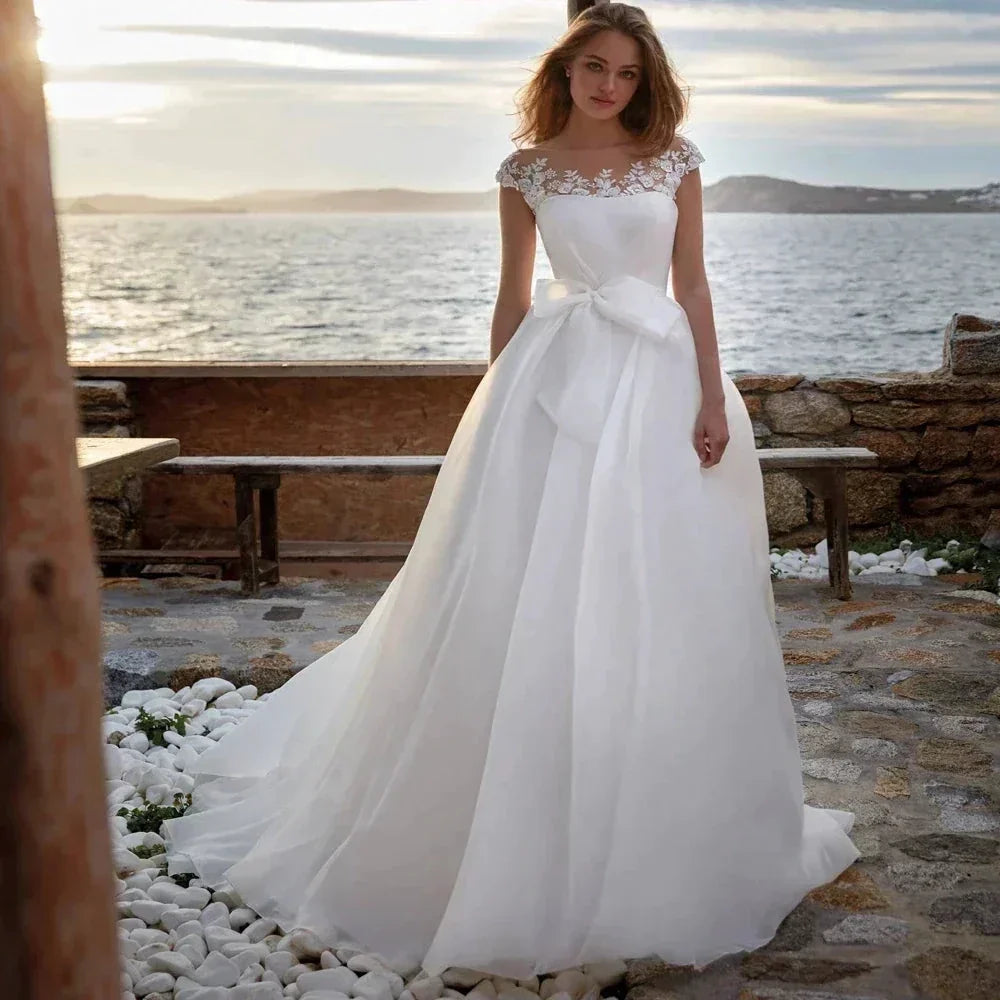 A-Line Gorgeous Round Neck Wedding Dresses Women's Sexy Sleeveless Formal Beach Party Bridal Gowns Plus Size Vestido De Casament by payinti