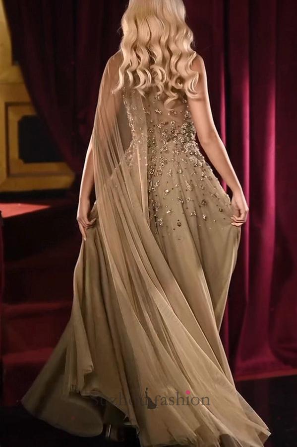 A Line High Neck One Shoulder Cap Sleeve Beaded Floor Length Tulle Formal Dress