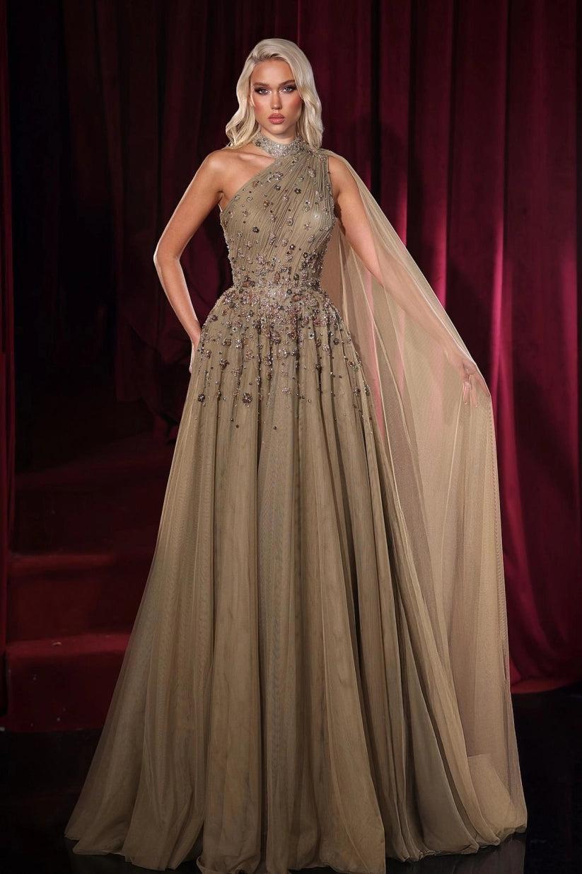 A Line High Neck One Shoulder Cap Sleeve Beaded Floor Length Tulle Formal Dress