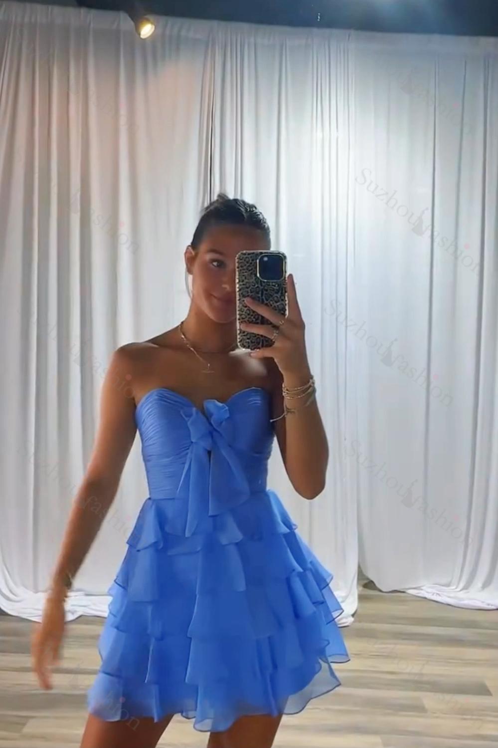 A Line Homecoming Dresses Blue Tulle Sweetheart Tiered Cocktail Dresses