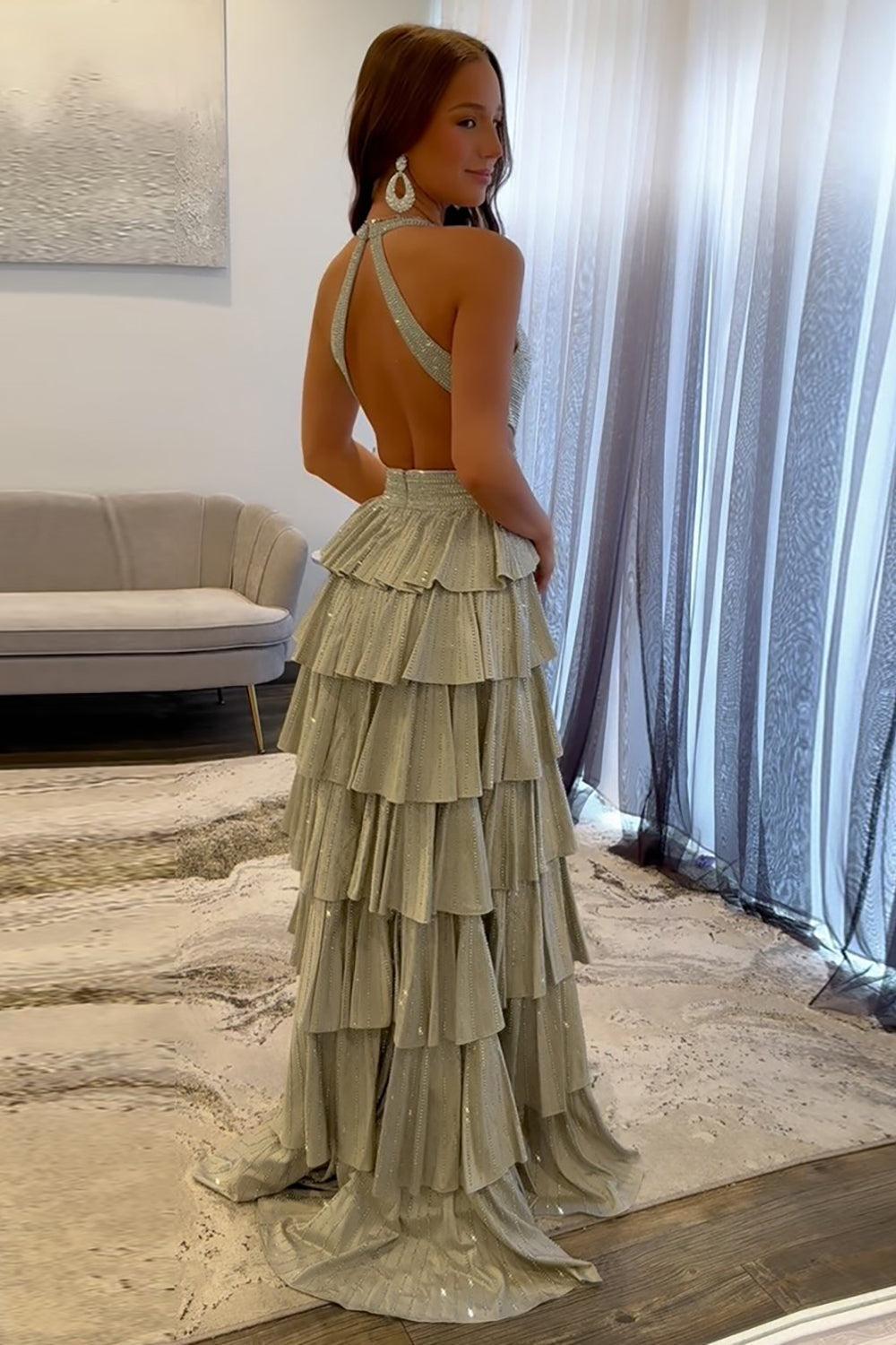 A-Line Lilac Prom Dress Tiered Halter Long Formal Dress With Slit