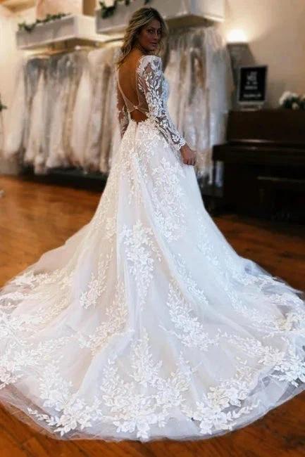 A-Line Long Sleeve Floor-Length Fabulous V-Neck Tulle Wedding Dresses with Appliques (ZD15753)