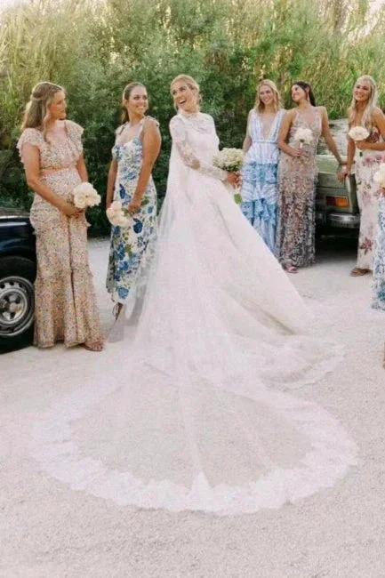 A-Line Long Sleeve Square Neck Floor-Length Tulle Open Back Wedding Dresses with Lace (ZD15740)