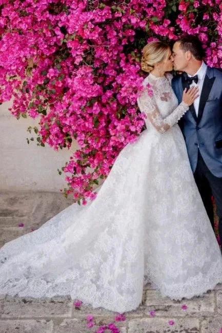 A-Line Long Sleeve Square Neck Floor-Length Tulle Open Back Wedding Dresses with Lace (ZD15740)