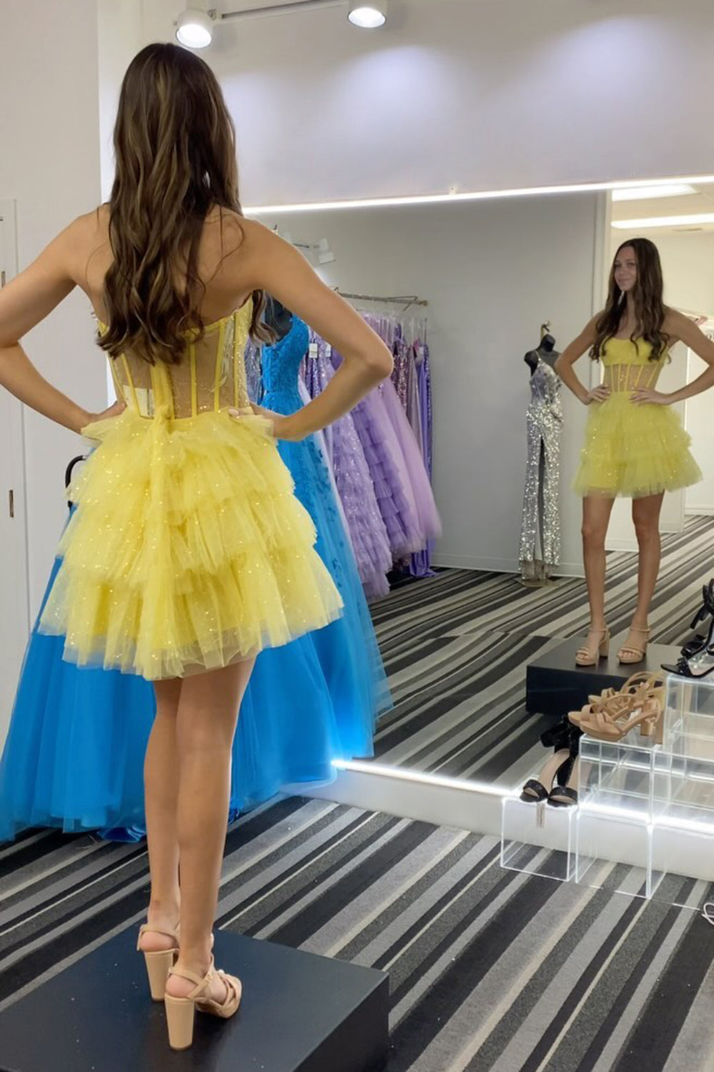 A-Line Pink Homecoming Dresses Corset Tiered Tulle Short Cocktail Dresses