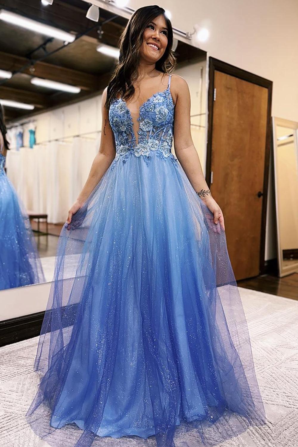A Line Prom Dress Tulle Lace Long Formal Dress