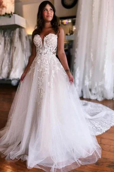 A-Line Sleeveless Floor-Length Tulle Sweetheart Wedding Dresses with Appliques (ZD15754)