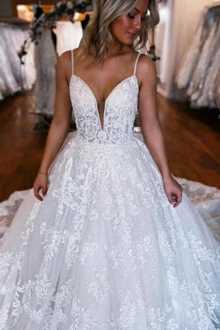 A-Line Spaghetti Straps Floor-Length Sweetheart Appliques Wedding Dresses with Lace (ZD15744) - View 2 | VelvetHem