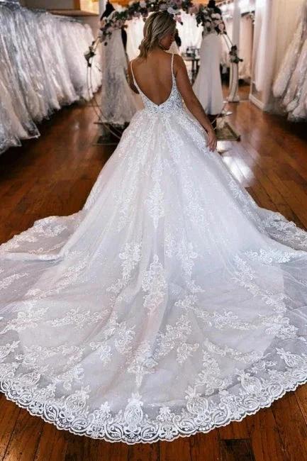 A-Line Spaghetti Straps Floor-Length Sweetheart Appliques Wedding Dresses with Lace (ZD15744)