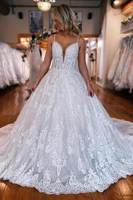 A-Line Spaghetti Straps Floor-Length Sweetheart Appliques Wedding Dresses with Lace (ZD15744)
