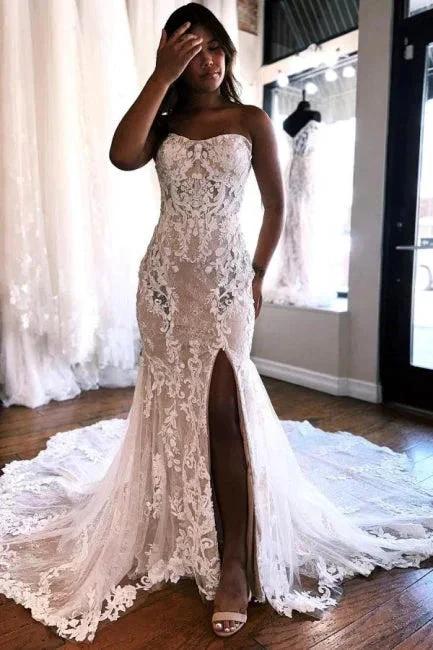 A-Line Sweetheart Floor-Length Split Front Tulle Wedding Dresses with Lace (ZD15728)