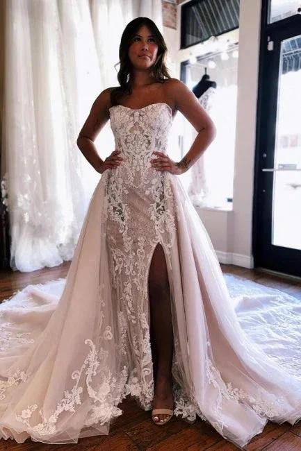A-Line Sweetheart Floor-Length Split Front Tulle Wedding Dresses with Lace (ZD15728)