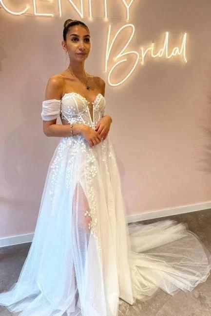 A-Line Sweetheart Off-The-Shoulder Tulle Floor-Length Wedding Dresses with Appliques (ZD15743)